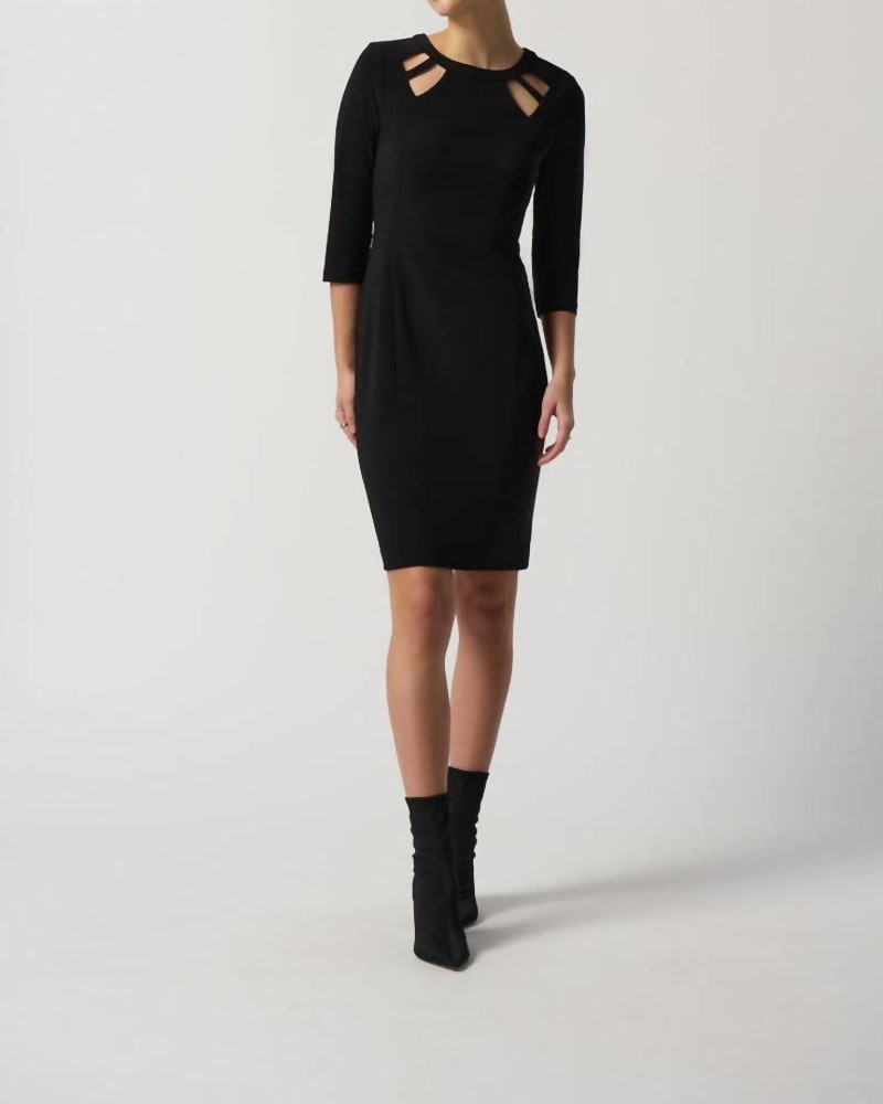 Front of a model wearing a size 10 Keyhole Neckline Sheath Dress In Black in Black by Joseph Ribkoff. | dia_product_style_image_id:359425